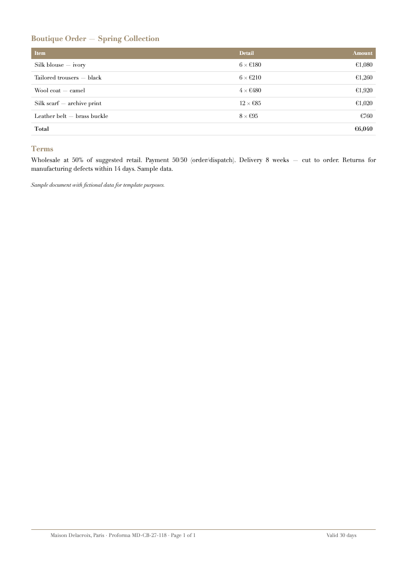 Fashion lookbook proforma invoice
